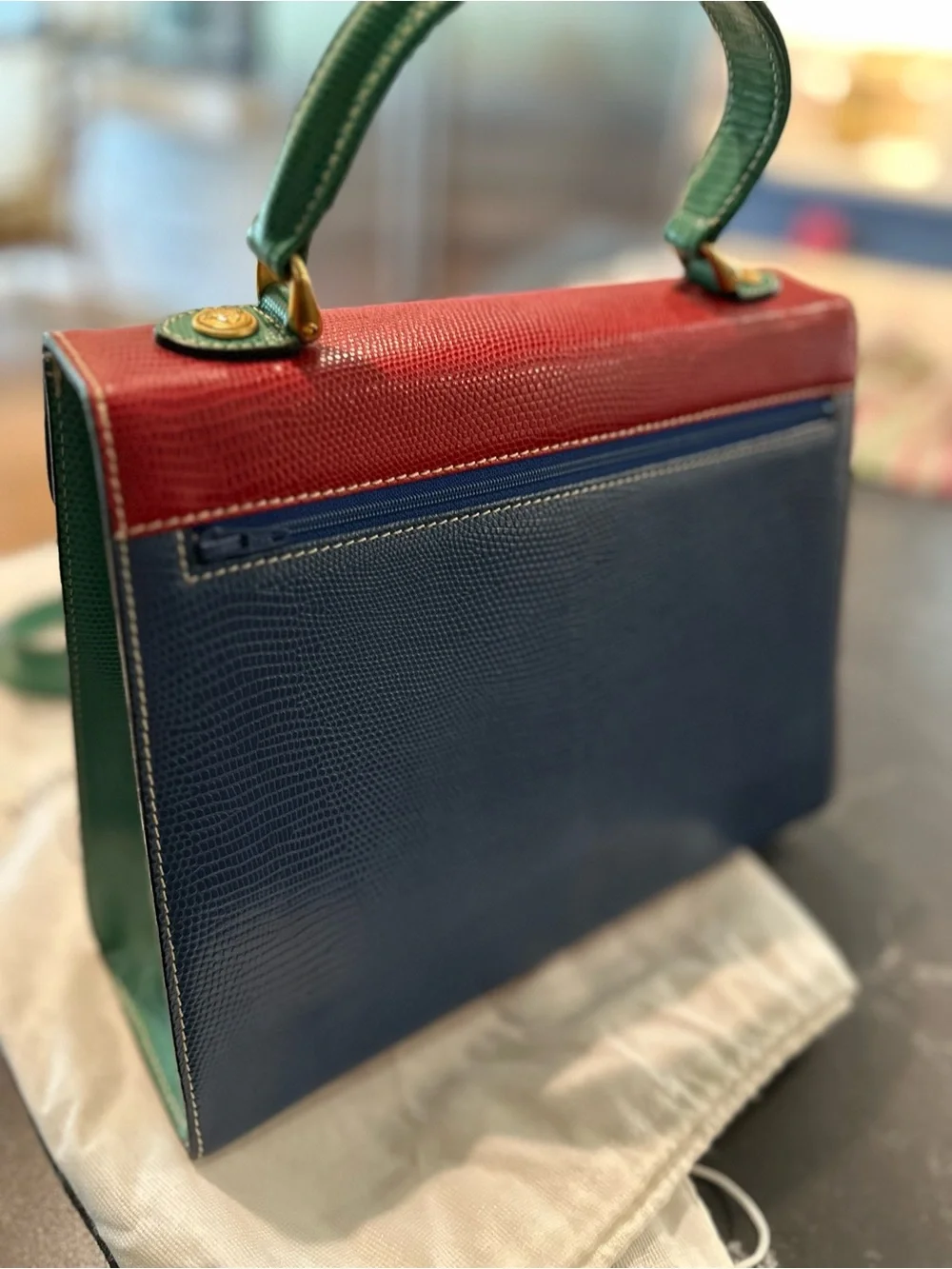 Didier Lamarthe Vintage Structured Leather Satchel in Red, Blue & Green